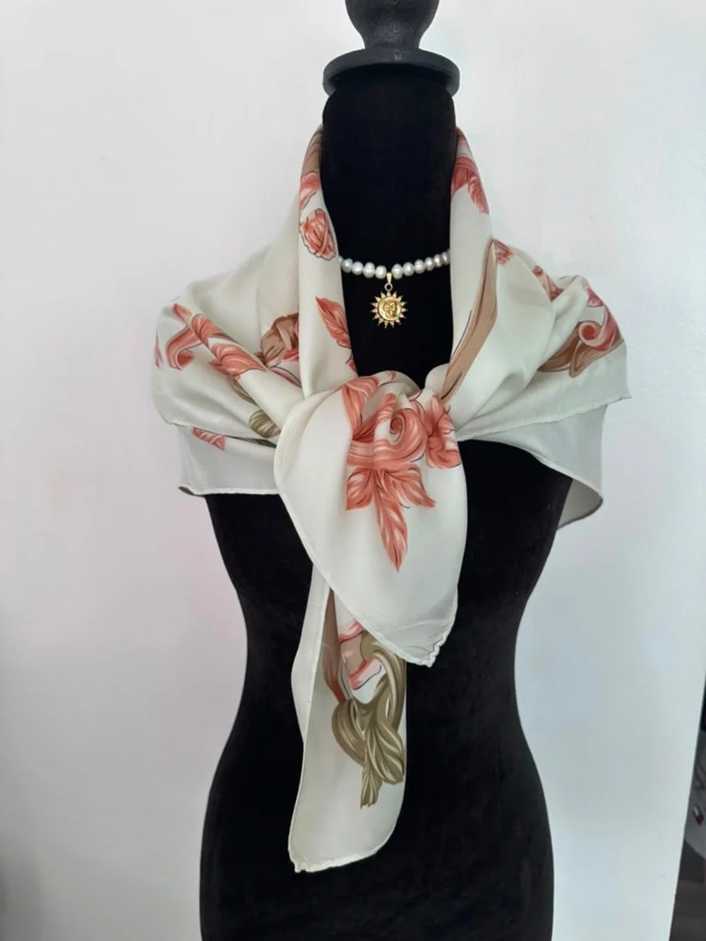 Longchamp Silk Scarf Beige Pink Floral Hand Rolled
